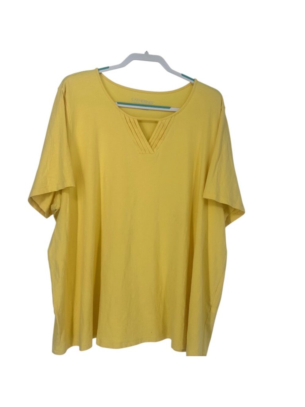 Catherine's Tee 3X Yellow Suprema Pintuck Pleated V Neck Cutout Cotton Stretch